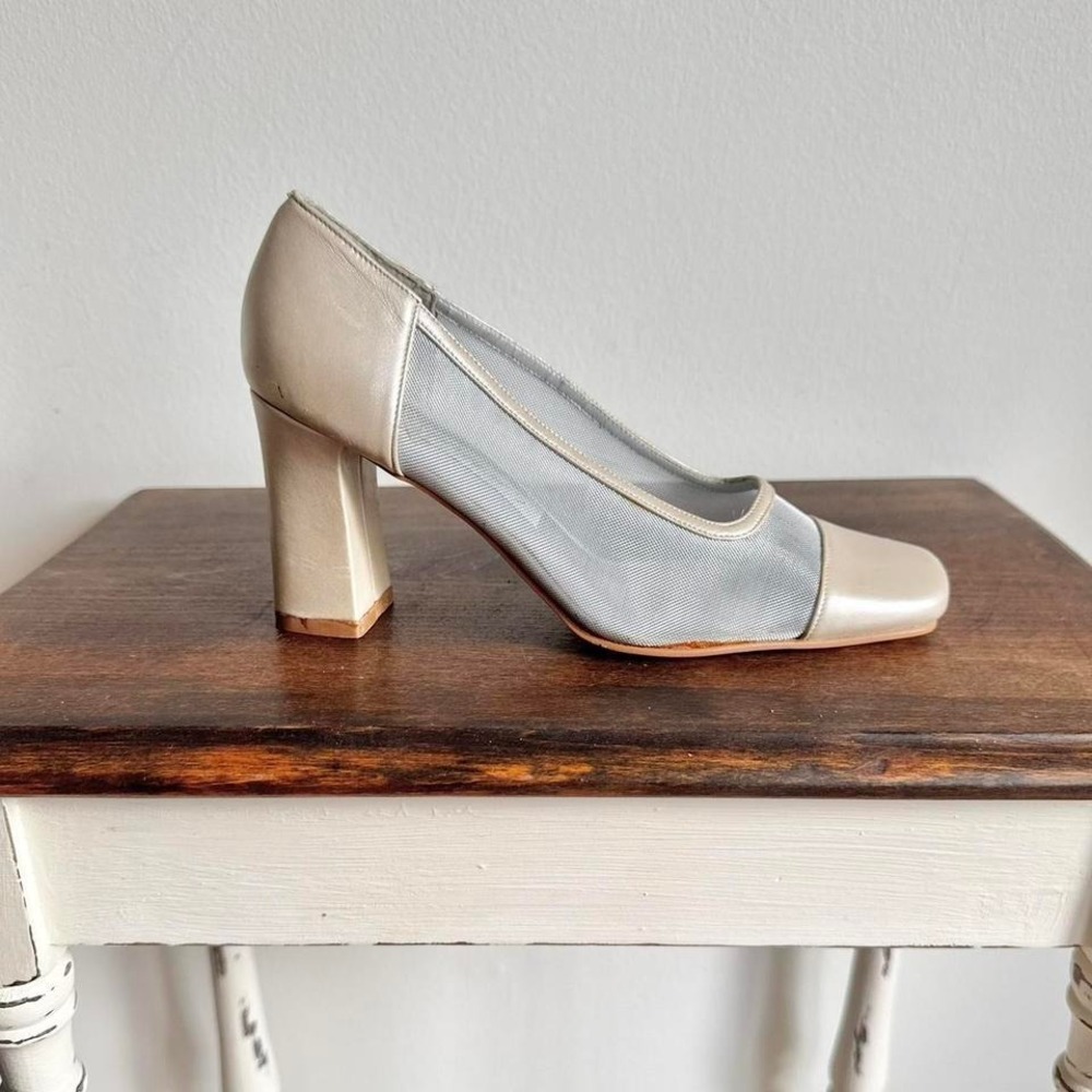 Vintage 90s metal mesh heel champagne cream square‎ toe silver